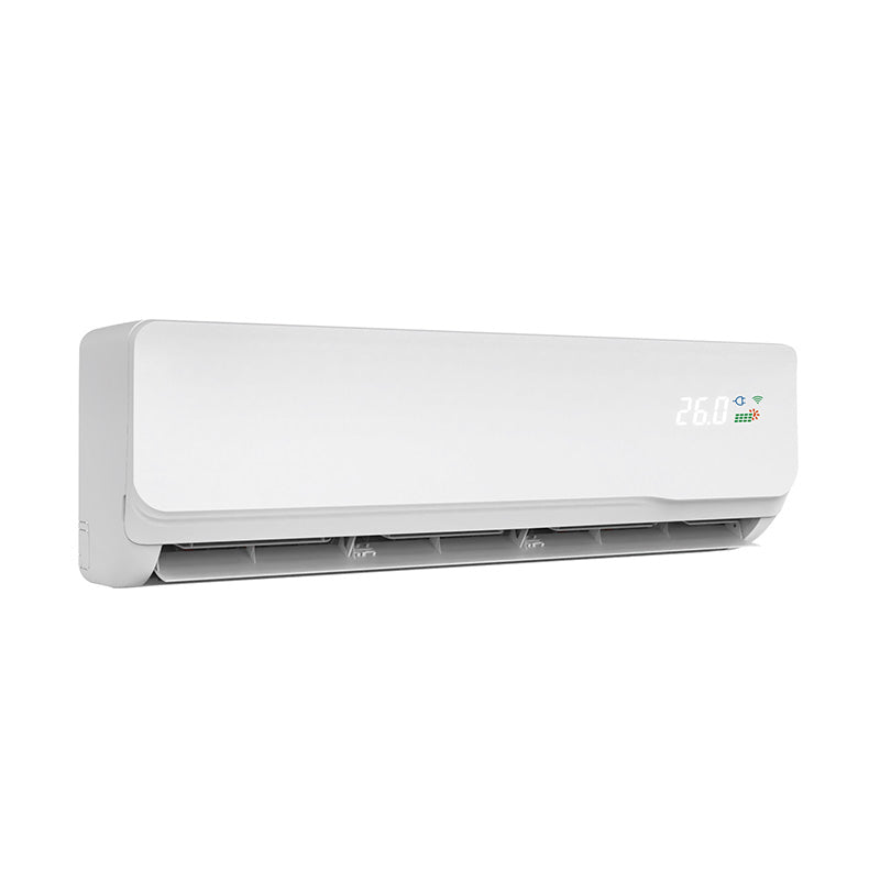Deye DWGA21-ACDCBLW-12KR2(EU) solar air conditioner angled indoor and outdoor unit view